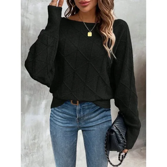 Ribbed knit crosshatch crewneck sweater batwing white - Picture 3 of 6